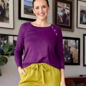 LOFT Small Purple Raglan Crewneck Knit Sweater Shoulder Button Detail